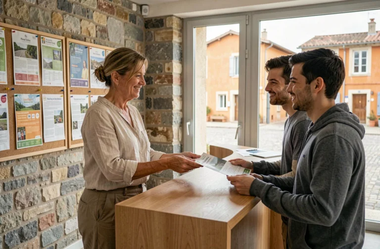 Agente de la communauté de communes du Pays d'Apt accueillant des visiteurs au bureau d'information municipal