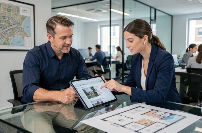 Homme et agent immobilier examinant des annonces sur une tablette dans une agence moderne