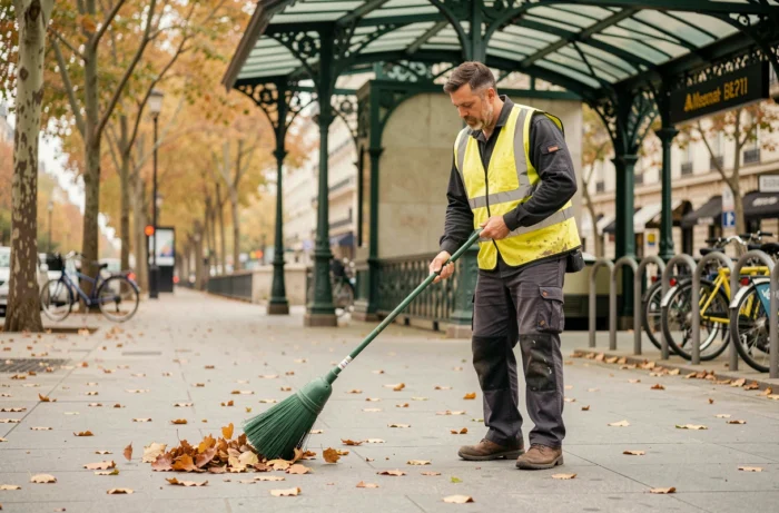 Agent de nettoyage municipal balayant les feuilles mortes sur un trottoir parisien devant une station de métro
