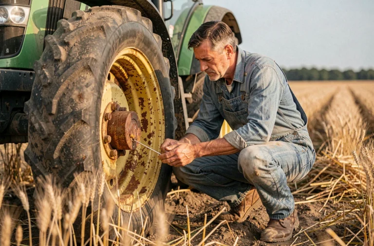 Agriculteur inspectant une roue de tracteur moderne dans un champ de blé en période de récolte