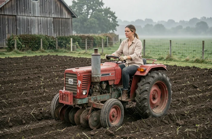 Agricultrice utilisant un semoir de précision monté sur tracteur dans un champ labouré