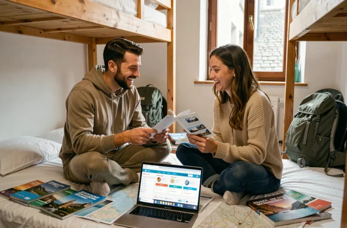 Deux amis comparant des guides de voyage et des cartes pour choisir ensemble leur prochaine destination de voyage