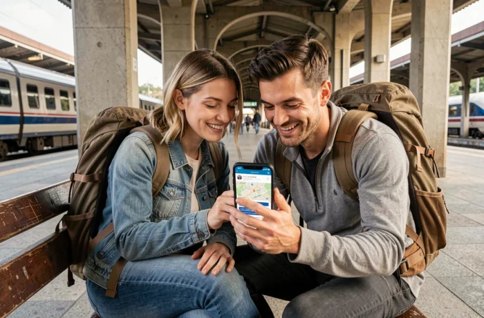 Deux amis planifiant leur itinéraire de voyage sur smartphone dans une gare grâce à un plan de site