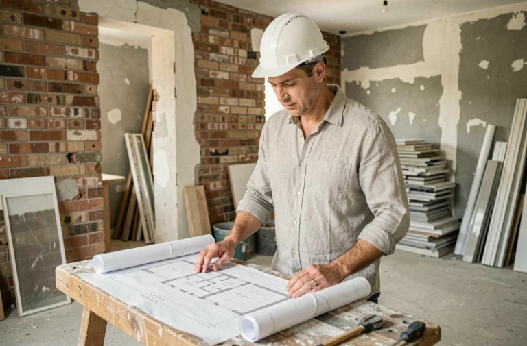 Architecte en casque blanc étudiant des plans de rénovation dans un appartement en travaux avec murs en briques apparentes