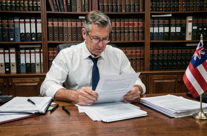 Avocat consultant un document juridique dans un bureau rempli de livres de droit, évoquant la législation sur le mariage consanguin selon les pays