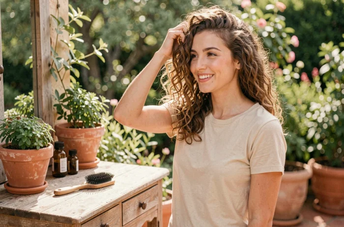 Jeune femme aux cheveux bouclés naturels se coiffant sur une terrasse verdoyante, beauté naturelle en plein air