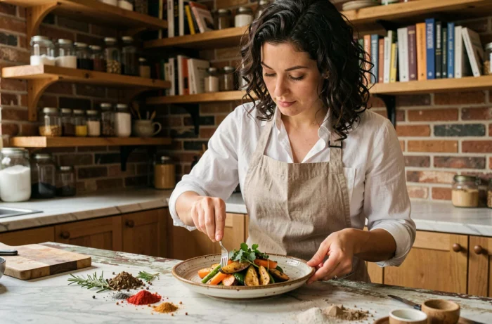 Cheffe cuisinière en tablier de lin dressant une assiette colorée de légumes rôtis et herbes fraîches dans une cuisine rustique aux murs en brique