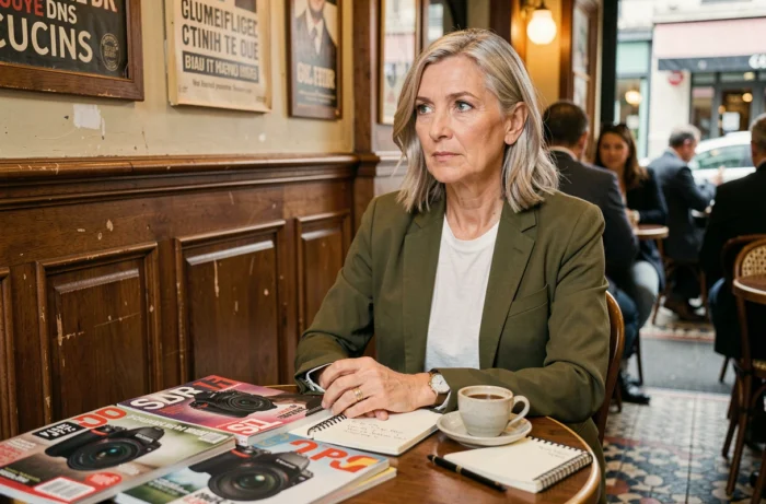 Femme cheffe d'entreprise relisant un magazine féminin dans un café parisien avec carnet de notes et espresso