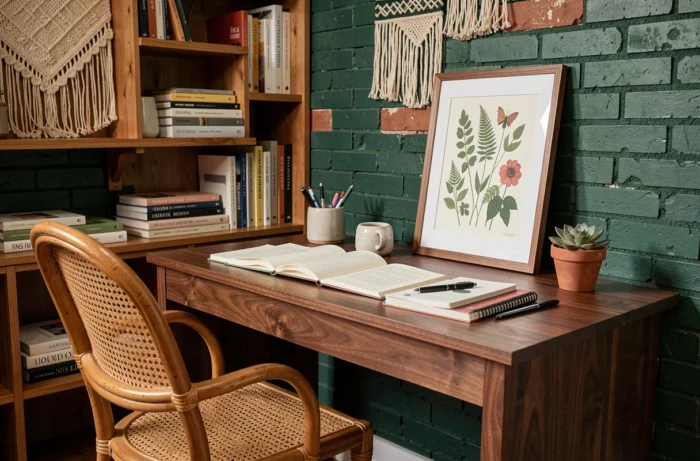 Coin bureau à domicile avec chaise en rotin, bureau en noyer et mur en brique peint en vert forêt pour une déco personnalisée