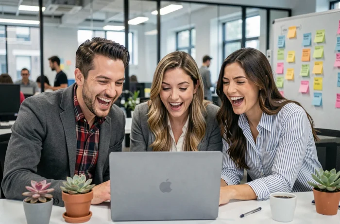 Groupe de collègues réagissant avec surprise et rires à des actualités insolites sur un ordinateur portable au bureau