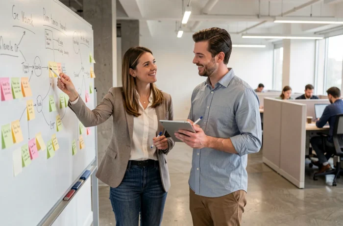 Deux collègues collaborant sur une stratégie de mise en valeur des compétences professionnelles au bureau