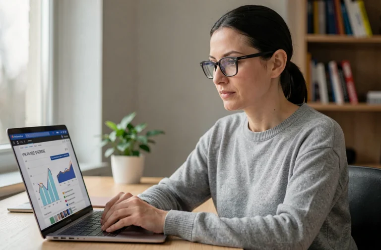 Femme travaillant sur un comparatif VPN sur son ordinateur portable dans un bureau à domicile moderne