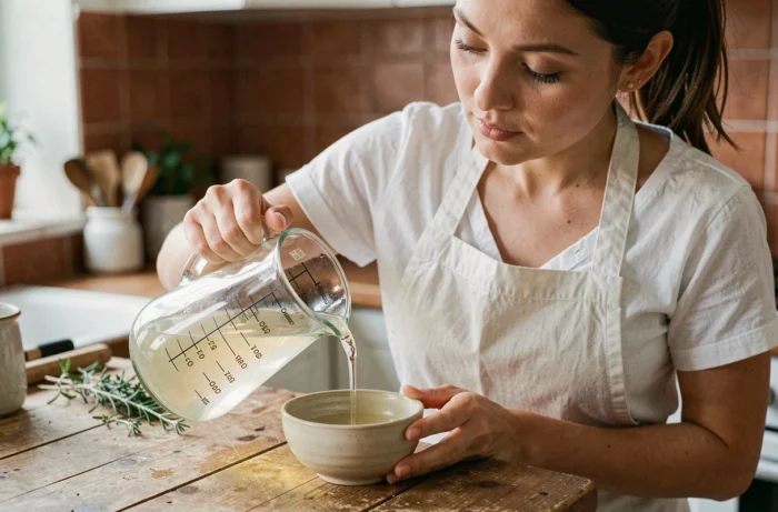 Femme en tablier blanc mesurant un quart de litre dans un verre doseur en cuisine avec des graduations en centilitres visibles