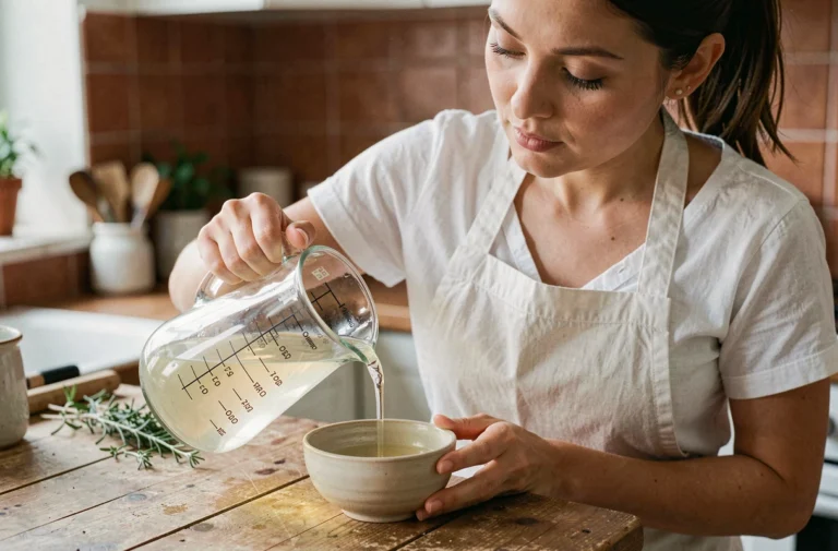 Femme en tablier blanc mesurant un quart de litre dans un verre doseur en cuisine avec des graduations en centilitres visibles