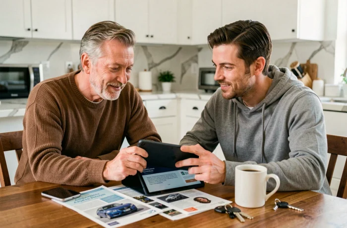 Couple comparant des offres d'assurance auto sur une tablette autour d'une table de cuisine