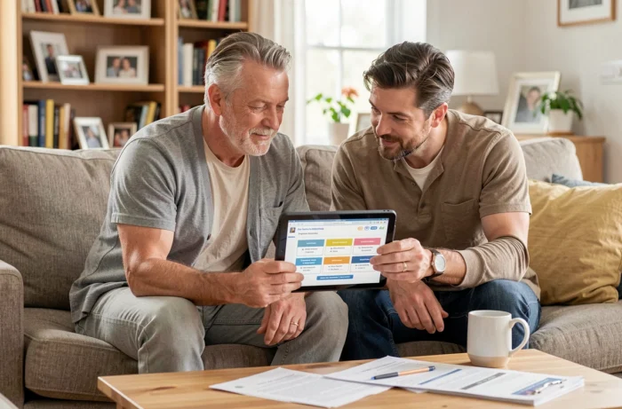 Couple dans la quarantaine comparant des offres d'assurance sur une tablette dans leur salon familial