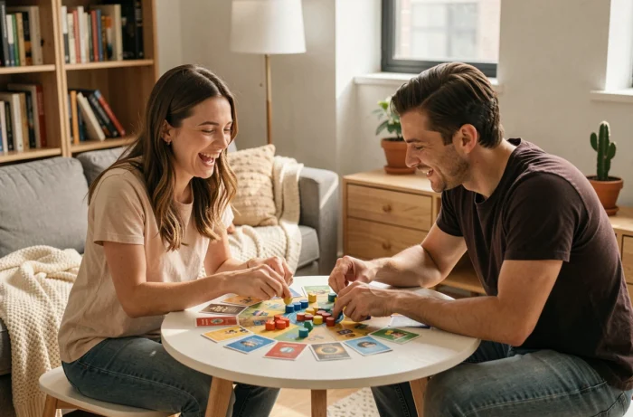 Couple jouant à un jeu de société à une table ronde dans un appartement urbain cosy et convivial