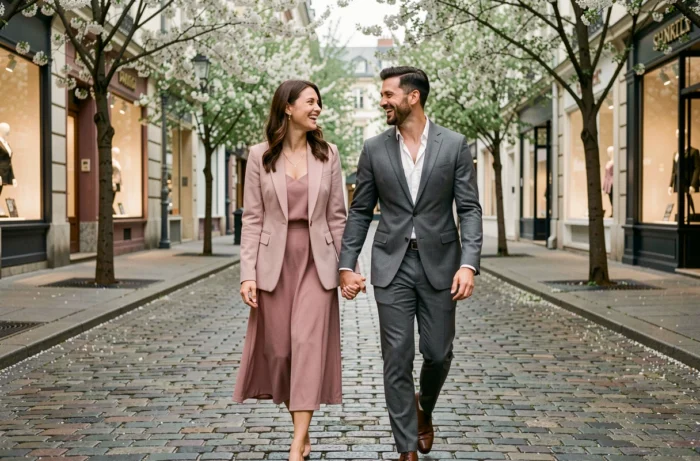 Couple élégant en tenues de mode printanière marchant main dans la main sur une rue pavée européenne bordée de boutiques et d'arbres en fleurs