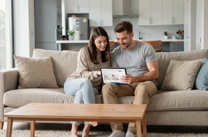 Couple consultant la carte du site Babys Corner sur une tablette dans leur salon