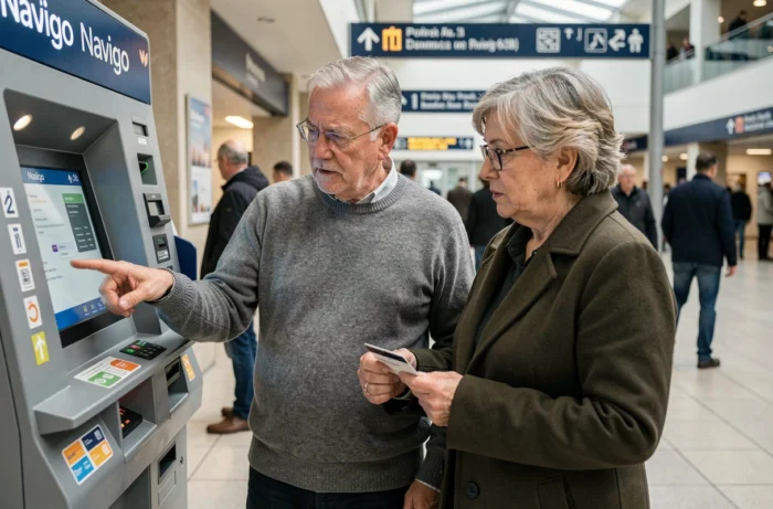 Couple de seniors rechargeant leur pass Navigo à une borne de la RATP dans un hub de transport parisien