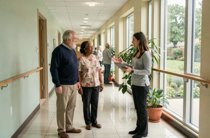 Un couple de seniors discute avec une conseillère dans le couloir d'une résidence pour personnes âgées
