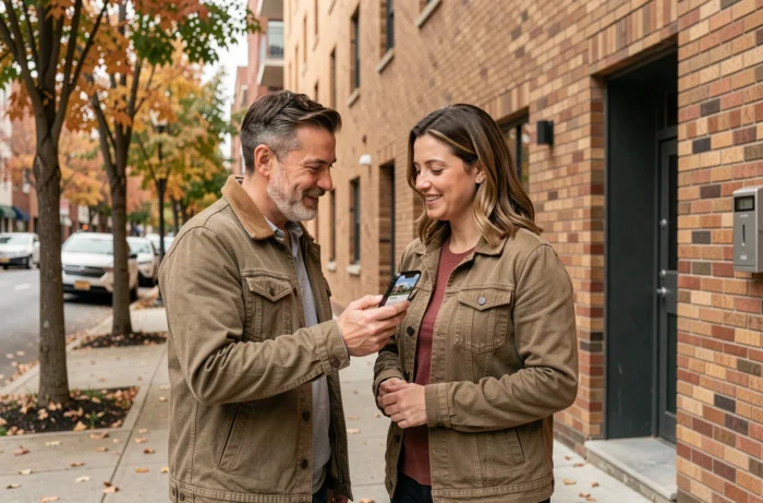 Couple consultant une application immobilière devant un immeuble résidentiel en ville
