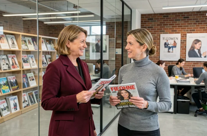 Deux femmes entrepreneures en discussion dans une rédaction de magazine féminin contemporain avec numéros imprimés