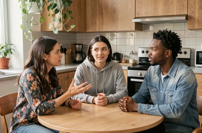 Trois adultes discutant autour d'une table dans un appartement moderne, représentant un débat familial sur les règles légales du mariage entre cousins