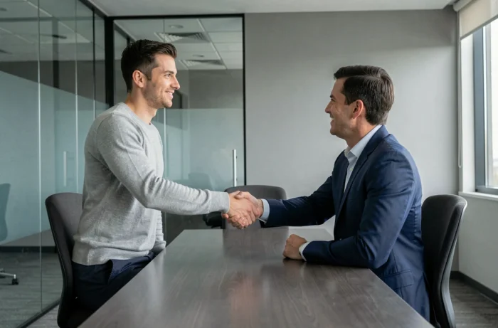 Candidat en entretien d'embauche serrant la main d'un recruteur dans une salle de réunion moderne