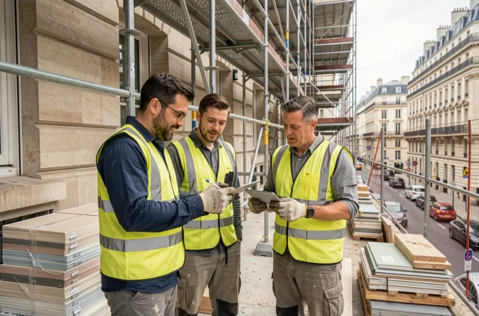 Équipe de rénovation sur un échafaudage consultant une tablette numérique devant une façade haussmannienne en cours de ravalement