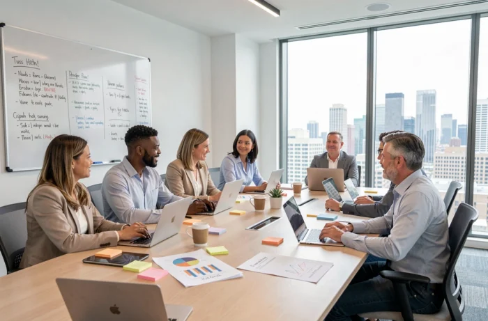 Équipe RH diversifiée en séance de planification stratégique autour d'une table de réunion