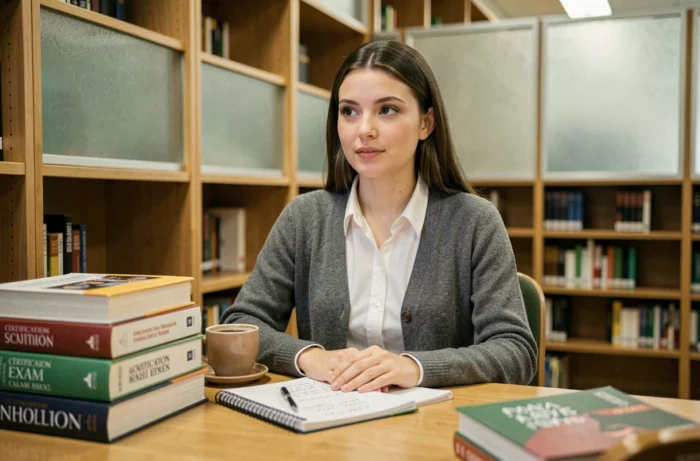 Jeune étudiante en comptabilité préparant les examens de certification entourée de manuels dans une bibliothèque universitaire