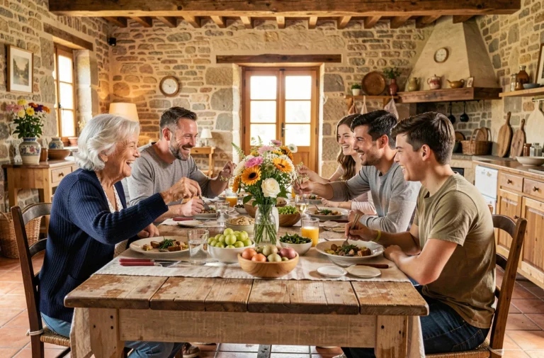 Famille multigénérationnelle réunie autour d'un repas dominical dans une ferme provençale, illustrant les liens familiaux et les traditions