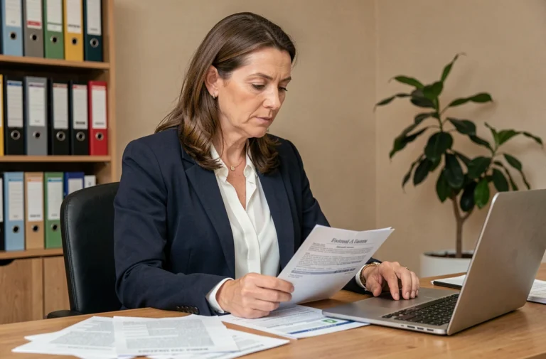 Femme d'une quarantaine d'années examinant des documents d'assurance sur un bureau en bois dans un bureau à domicile moderne