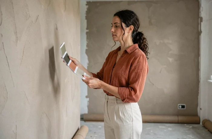 Femme tenant des échantillons de peinture devant un mur en plâtre lors d'une rénovation d'appartement moderne