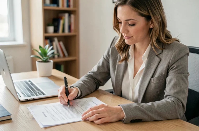 Femme en blazer consultant un contrat d'assurance auto à son bureau, stylo à la main