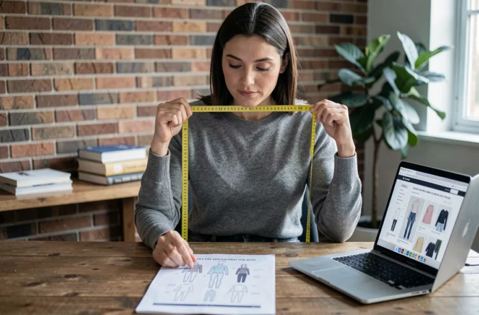 Femme consultant un guide des tailles avec un mètre ruban pour choisir la bonne taille de blouson