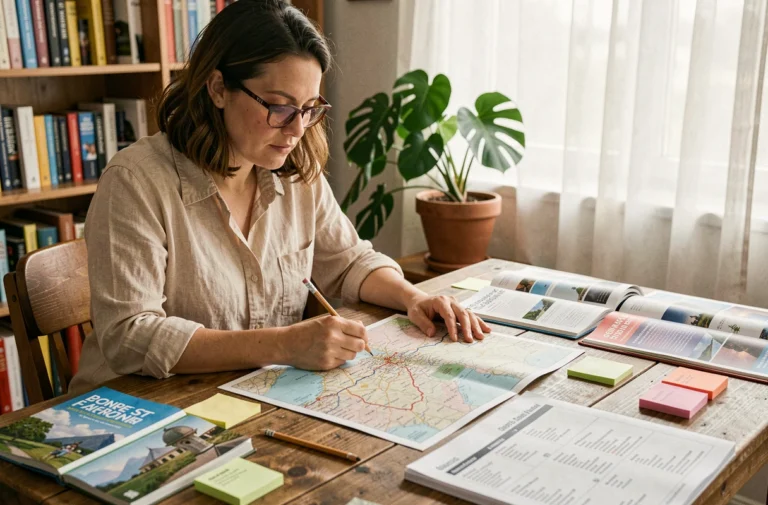 Femme organisant son voyage à son bureau avec une carte papier et un plan de site imprimé