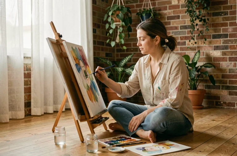 Femme trentenaire concentrée sur sa peinture aquarelle dans un atelier maison chaleureux aux murs en brique apparente