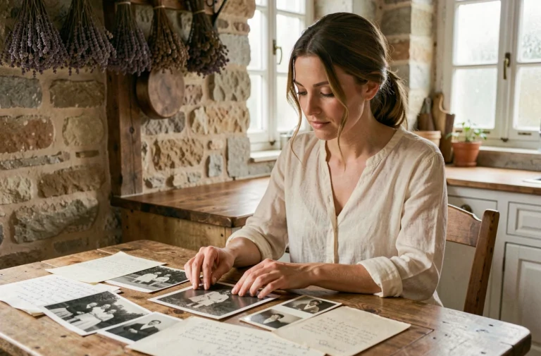 Femme consultant de vieilles photographies de famille et des lettres manuscrites sur une table en bois dans une cuisine de campagne française