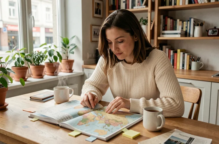 Femme consultant un atlas de voyage avec des notes manuscrites pour planifier sa prochaine destination idéale