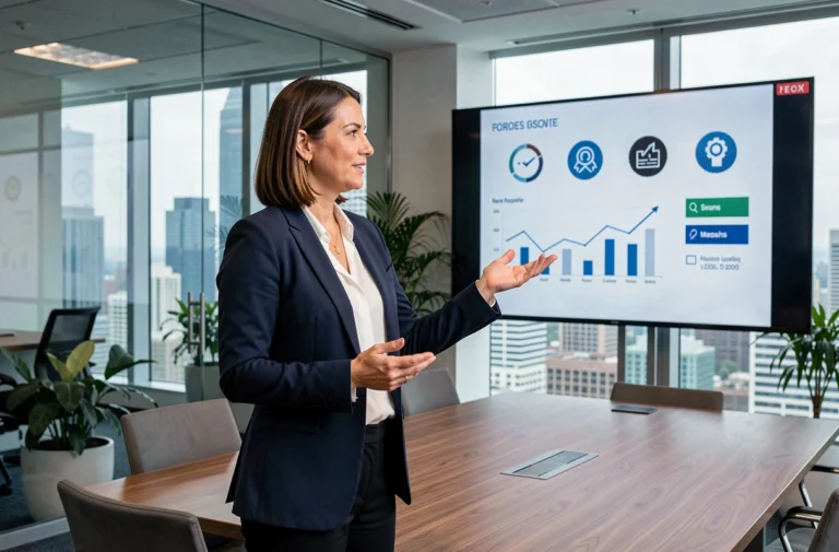Femme professionnelle présentant ses compétences lors d'une réunion en entreprise moderne