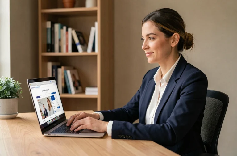 Femme professionnelle utilisant une plateforme d'emploi en ligne sur son ordinateur portable dans un bureau à domicile moderne