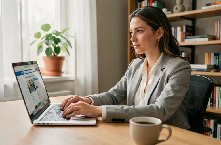 Femme professionnelle cherchant un emploi en ligne depuis son bureau à domicile avec un laptop ouvert