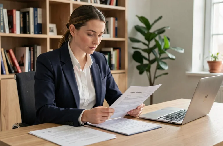Jeune femme professionnelle révisant son CV à son bureau pour trouver un emploi rapidement en 2024