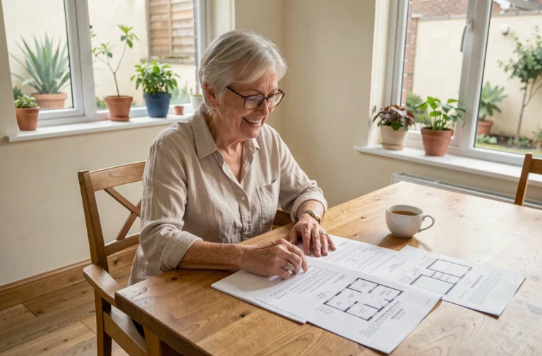 Une femme senior souriante examine des documents sur un logement dans son appartement de résidence seniors moderne