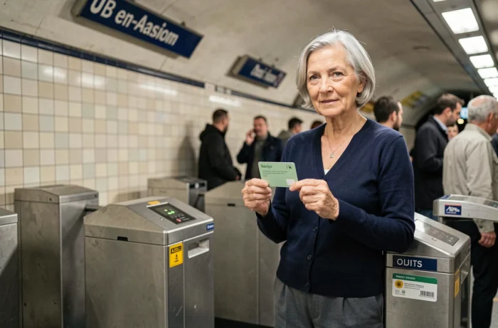 Femme senior tenant un pass Navigo dans une station de métro parisienne