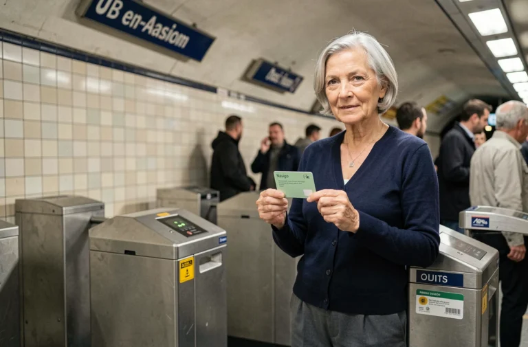 Femme senior tenant un pass Navigo dans une station de métro parisienne
