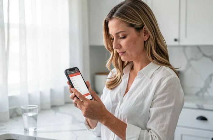 Femme debout dans sa cuisine consultant la carte du site Babys Corner sur son smartphone