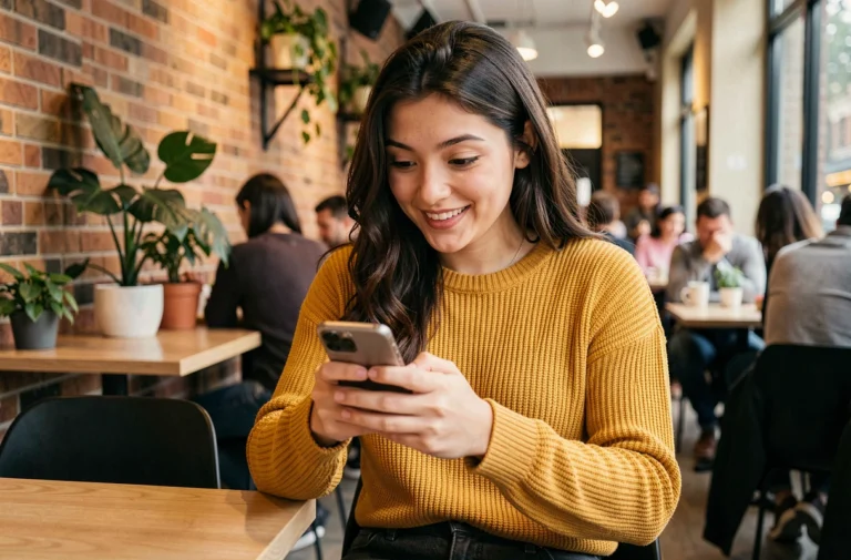Jeune femme amusée consultant son smartphone dans un café moderne, découvrant des tendances insolites sur internet